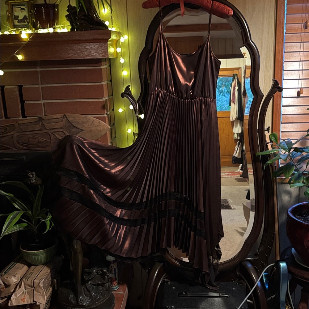 All Saints Rich Brown Satin dress. It's shimmery/golden brown.More like copper.